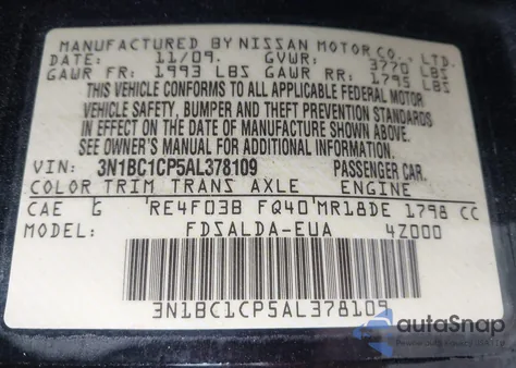 2010 Nissan Versa 1.8S z USA, uszkodzony, nr VIN 3N1BC1CP5AL378109